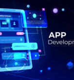 App development banner, adaptive layout application web interface on smartphone touch screen, user software API prototyping, testing, neon glowing background. Cartoon vector illustration, landing page