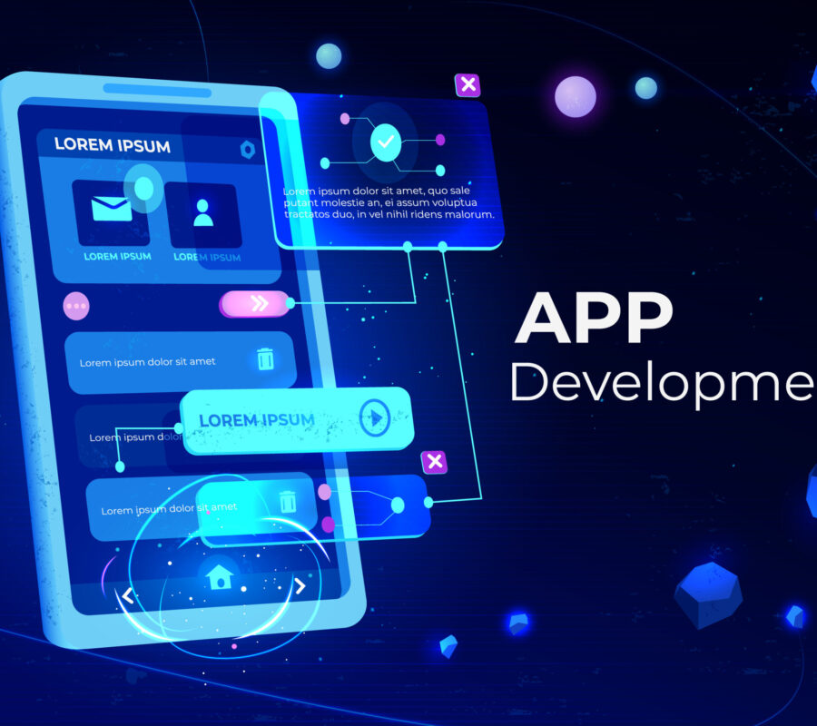 App development banner, adaptive layout application web interface on smartphone touch screen, user software API prototyping, testing, neon glowing background. Cartoon vector illustration, landing page